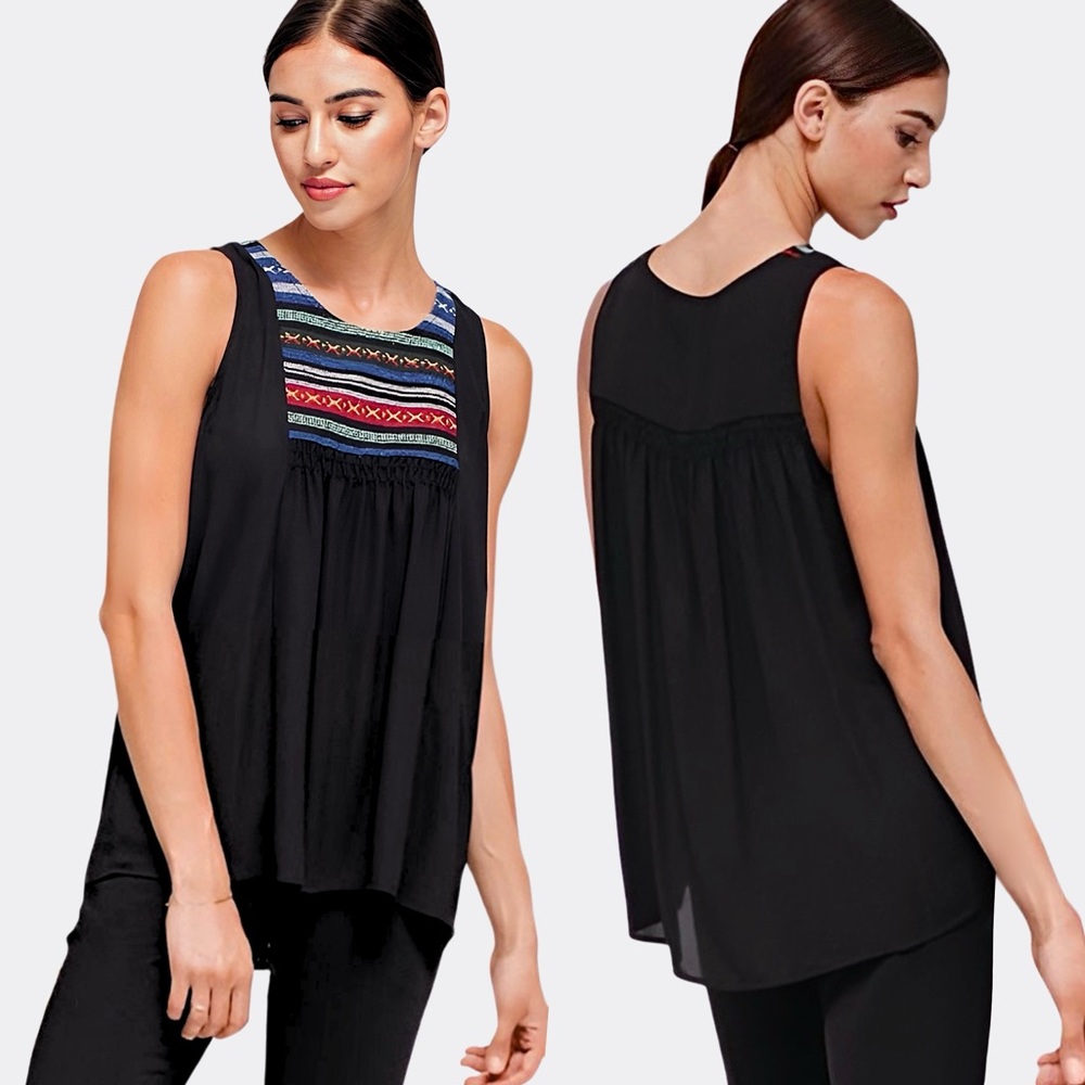Anthropologie Pleione Embroidered Woven Knit Chiffon High-Low Shell Tank Top